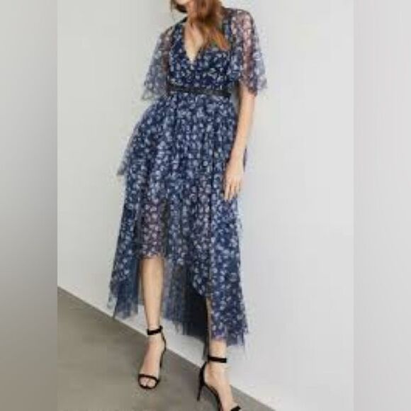 BCBGMAXAZRIA women’s KALEIDOSCOPE navy JEWELS LACE HI-LOW MAXI DRESS size 8 - Picture 1 of 9